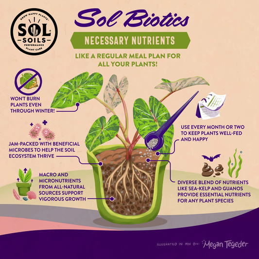 Sol Biotics Necessary Nutrients infographic on monthly plant feeding