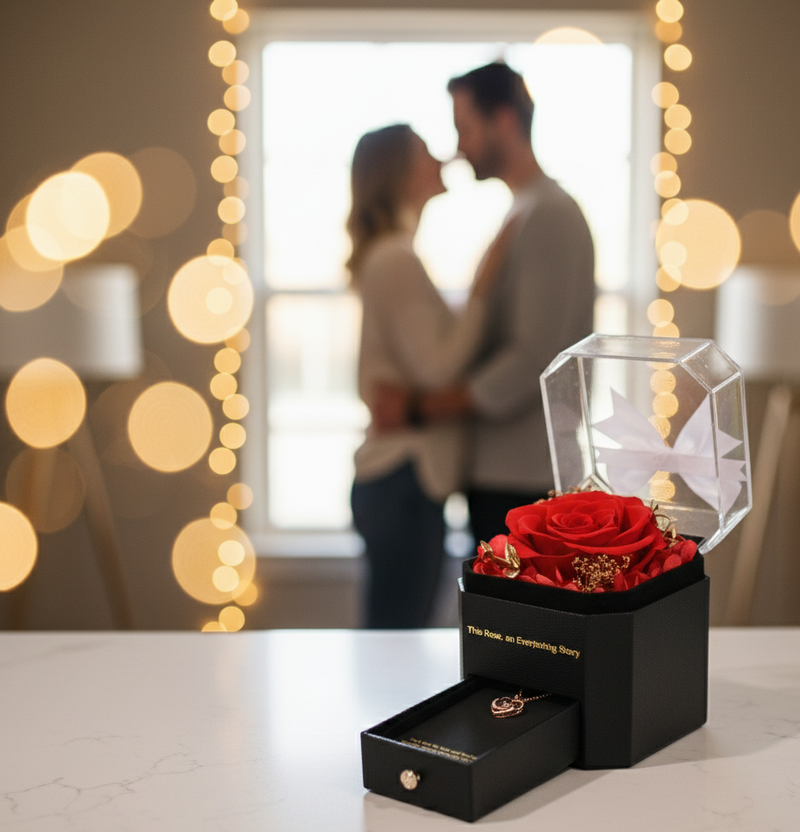 Red rose in a black box with a couple embracing in the background
