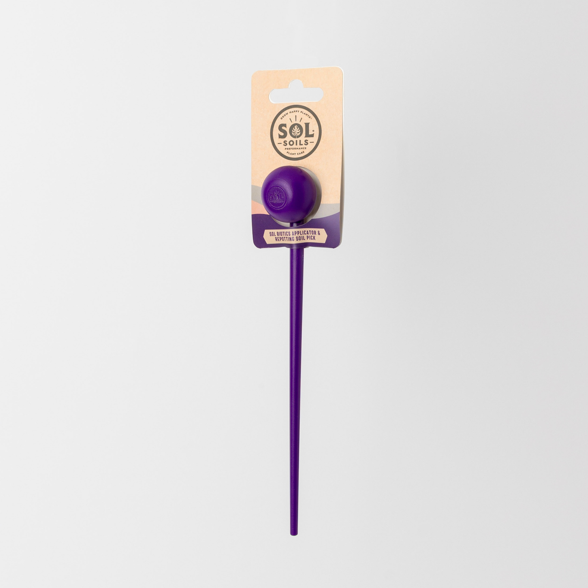 Sol Soils purple teaspoon and repotting soil pick in retail packaging
