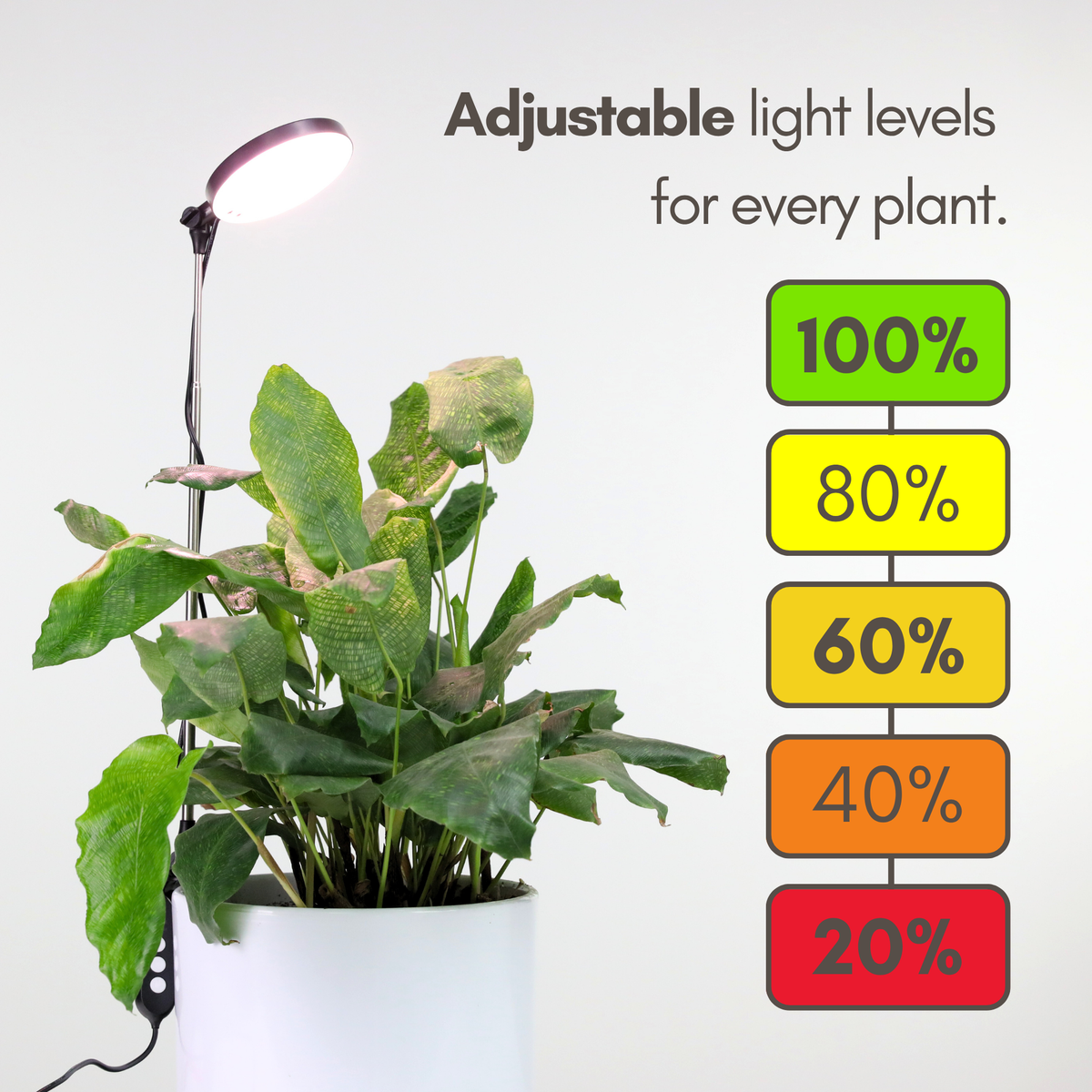 Adjustable LED plant light with five brightness levels from 20 to 100 percent