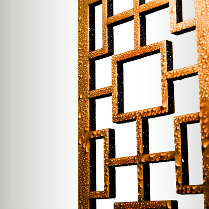 Close-up of water beading on the sealed surface of a Tropical Squares wooden trellis
